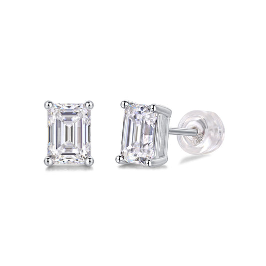 Emerald-Cut Moissanite Four-Prong Stud Earrings in 925 Sterling Silver
