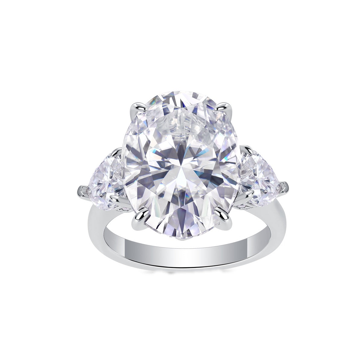 Oval Moissanite Three-Stone Ring with Pear Sides in 925 Silver