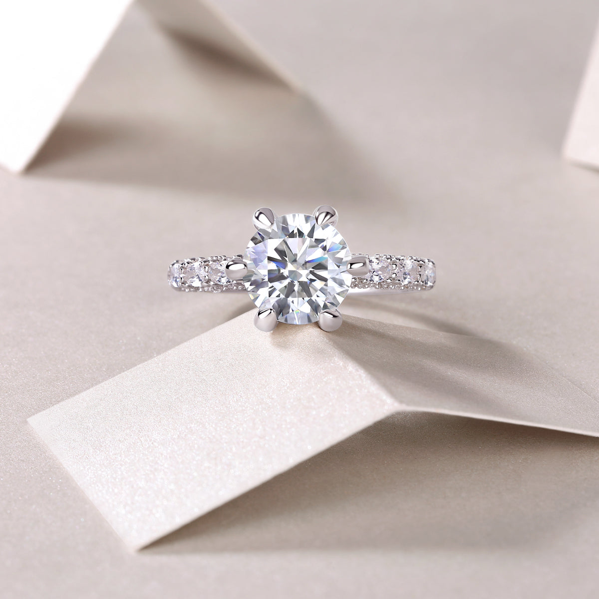 Round Moissanite Six-Prong Solitaire with Patterned Pave Band in 925 Silver