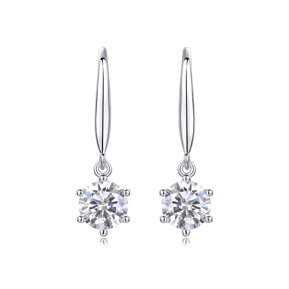 Round Moissanite Solitaire Drop Earrings on Long Hooks in 925 Silver