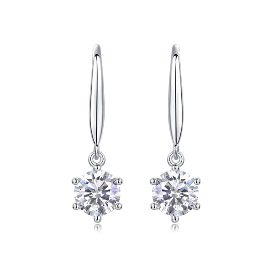Round Moissanite Solitaire Drop Earrings on Long Hooks in 925 Silver