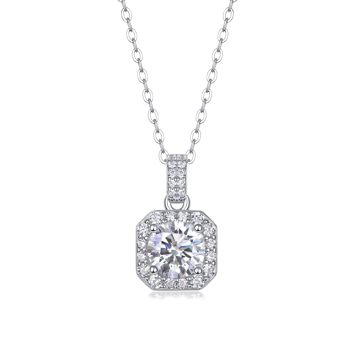 Round Moissanite Octagon Halo Pendant Necklace in 925 Sterling Silver