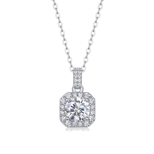 Round Moissanite Octagon Halo Pendant Necklace in 925 Sterling Silver