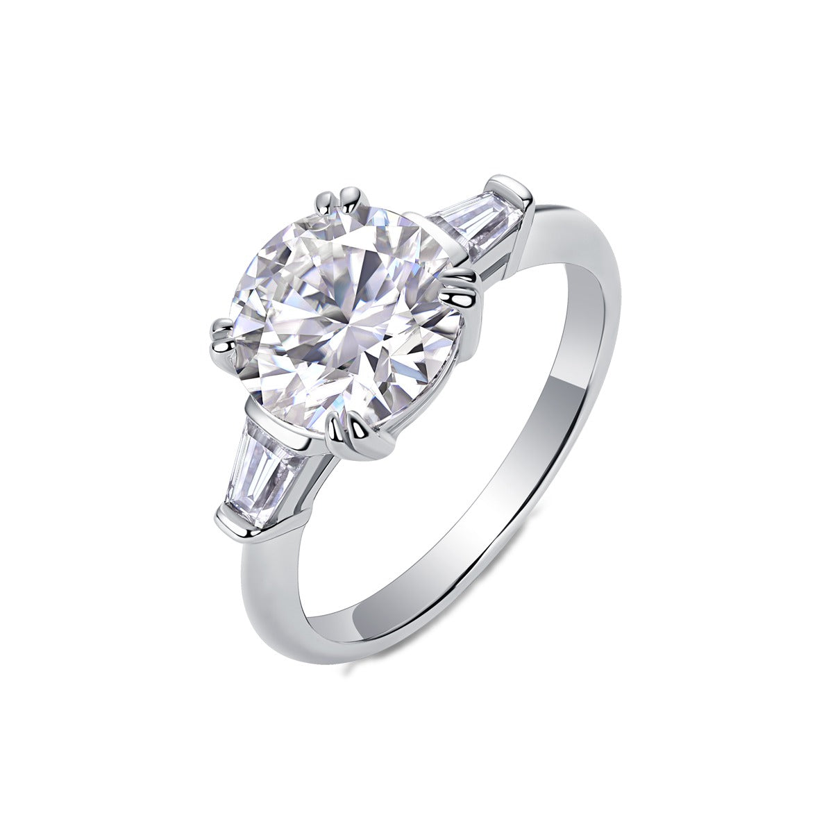 Round Moissanite Three-Stone Ring with Baguette Sides in 925 Silver
