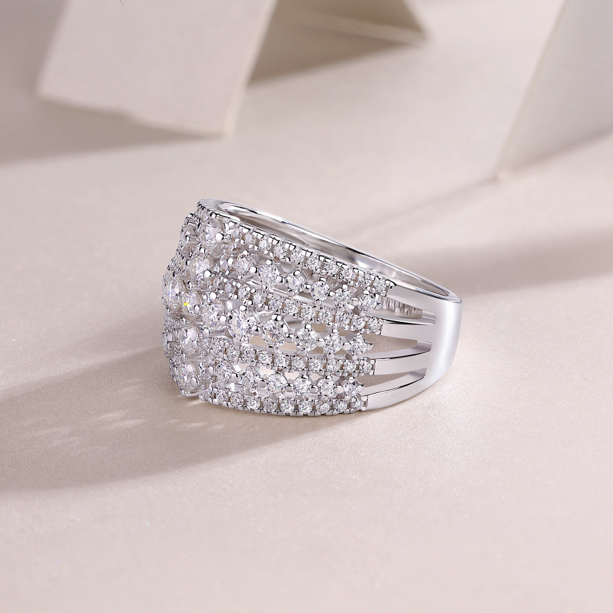 Wide Multi-Row Moissanite Pave Cocktail Ring in 925 Sterling Silver