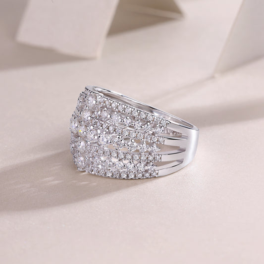 Wide Multi-Row Moissanite Pave Cocktail Ring in 925 Sterling Silver