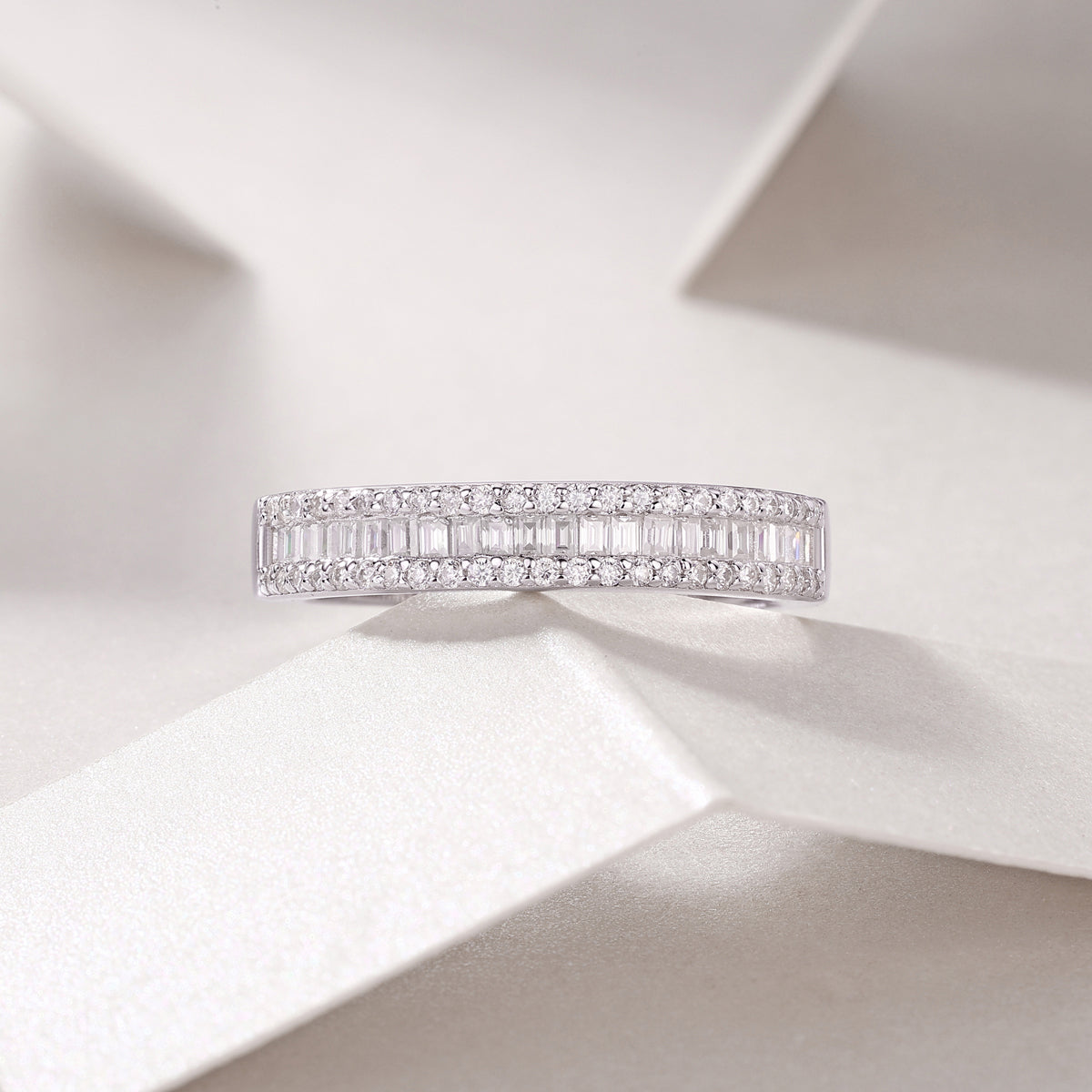 Baguette and Round Moissanite Three-Row Band in 925 Sterling Silver