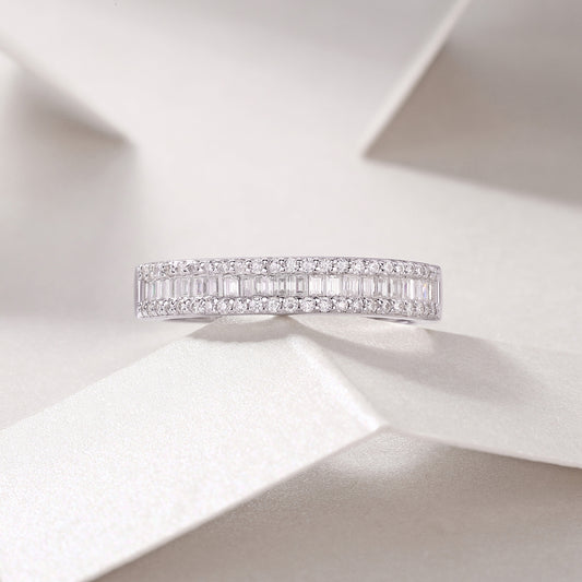 Baguette and Round Moissanite Three-Row Band in 925 Sterling Silver