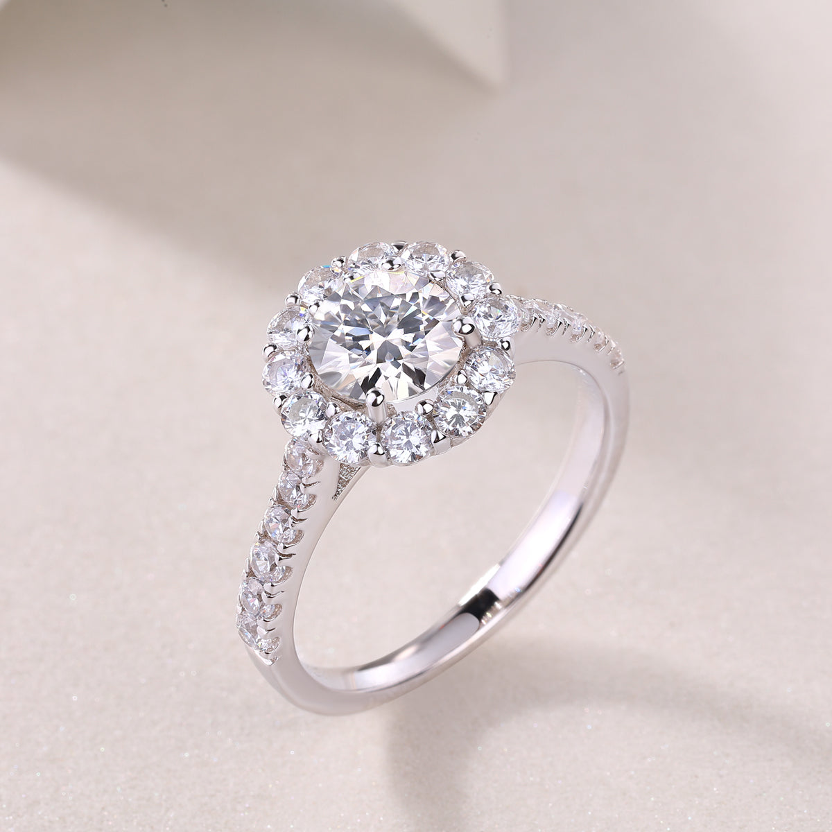 Round Moissanite Floral Halo Ring with Pave Band in 925 Silver
