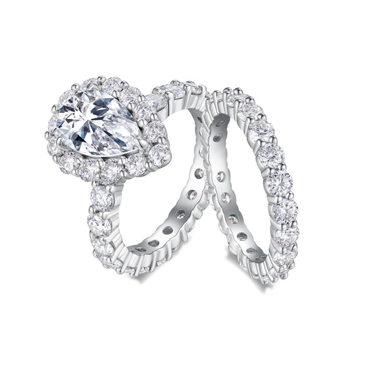 Pear Moissanite Halo Ring and Eternity Band Set in 925 Silver