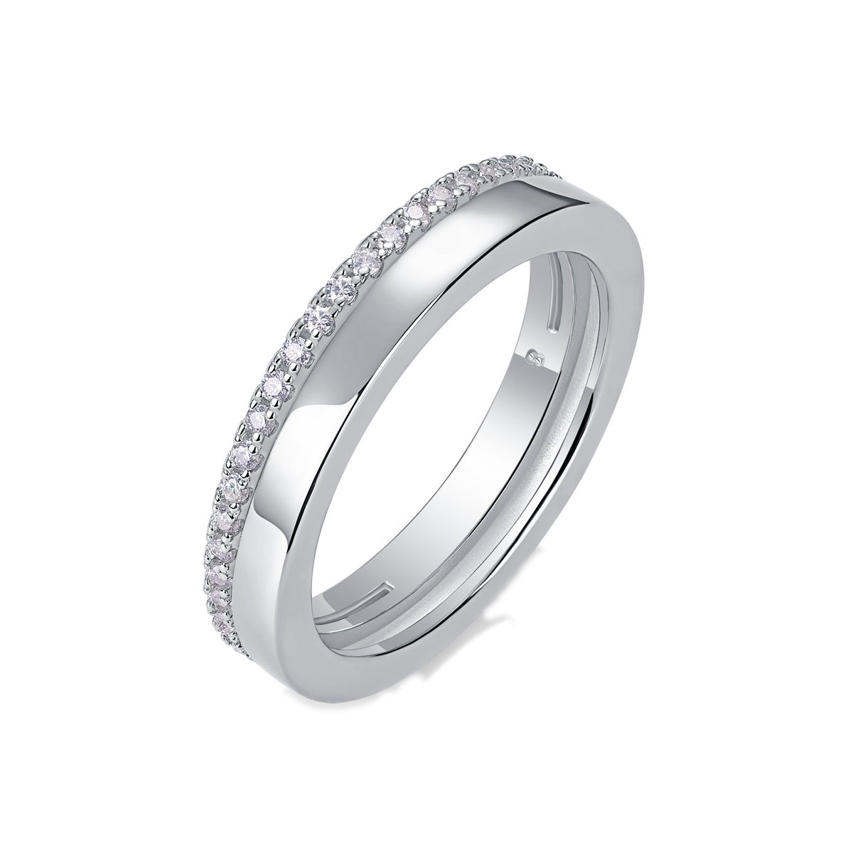 Moissanite Slim Pave and Polished Stacked Band in 925 Sterling Silver