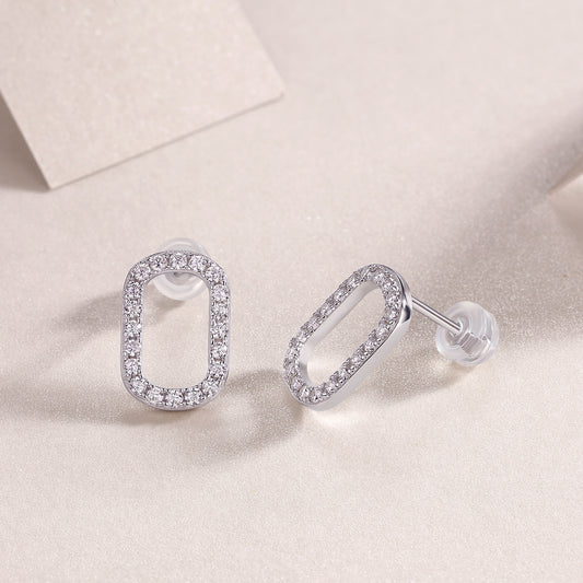 Moissanite Pave Open Oval Link Stud Earrings in 925 Sterling Silver