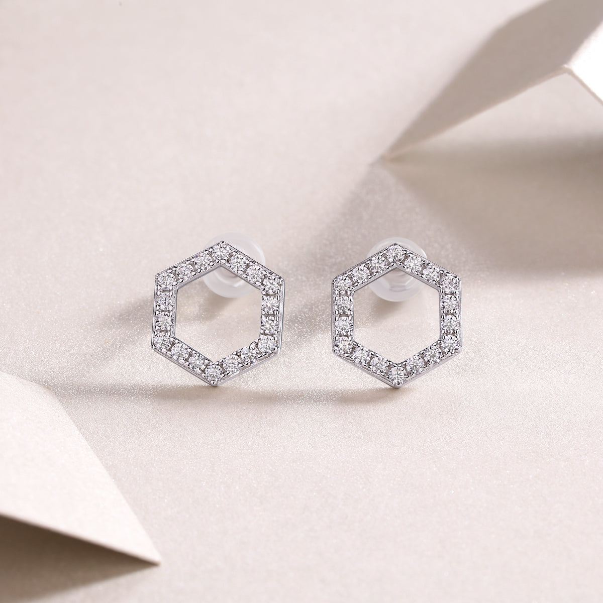 Moissanite Pave Open Hexagon Stud Earrings in 925 Sterling Silver