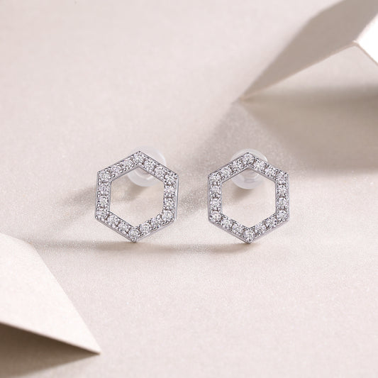 Moissanite Pave Open Hexagon Stud Earrings in 925 Sterling Silver