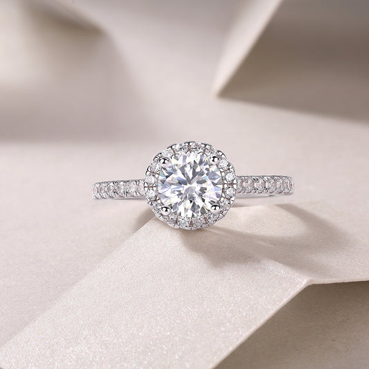Round Moissanite Classic Halo Engagement Ring in 925 Sterling Silver