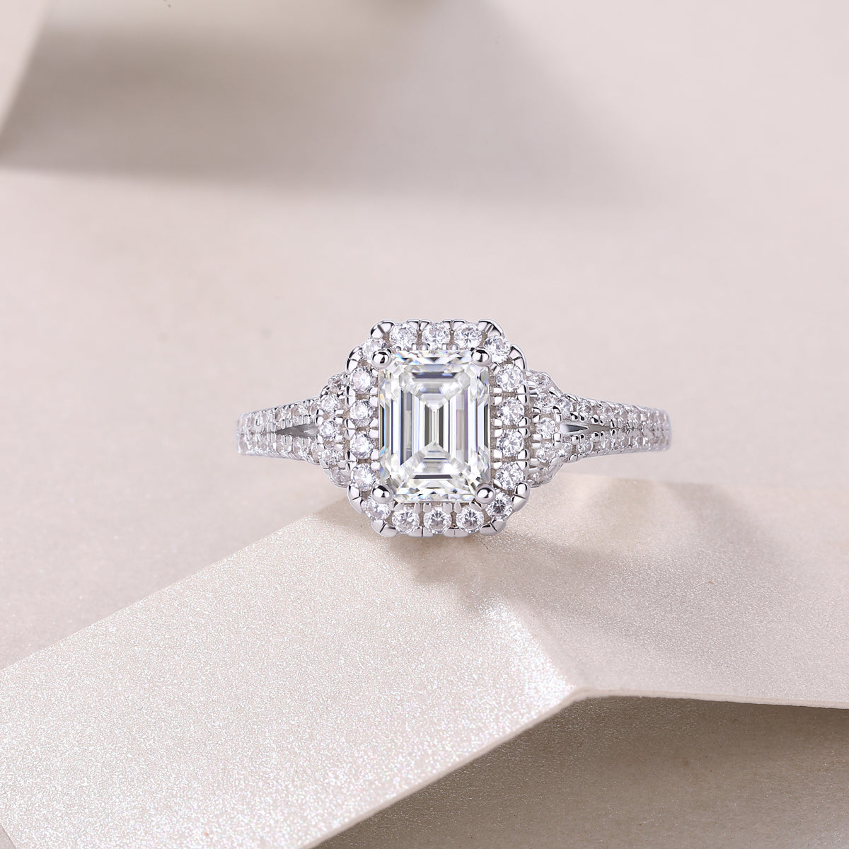 Emerald-Cut Moissanite Halo Ring with Split Pave Shank in 925 Silver