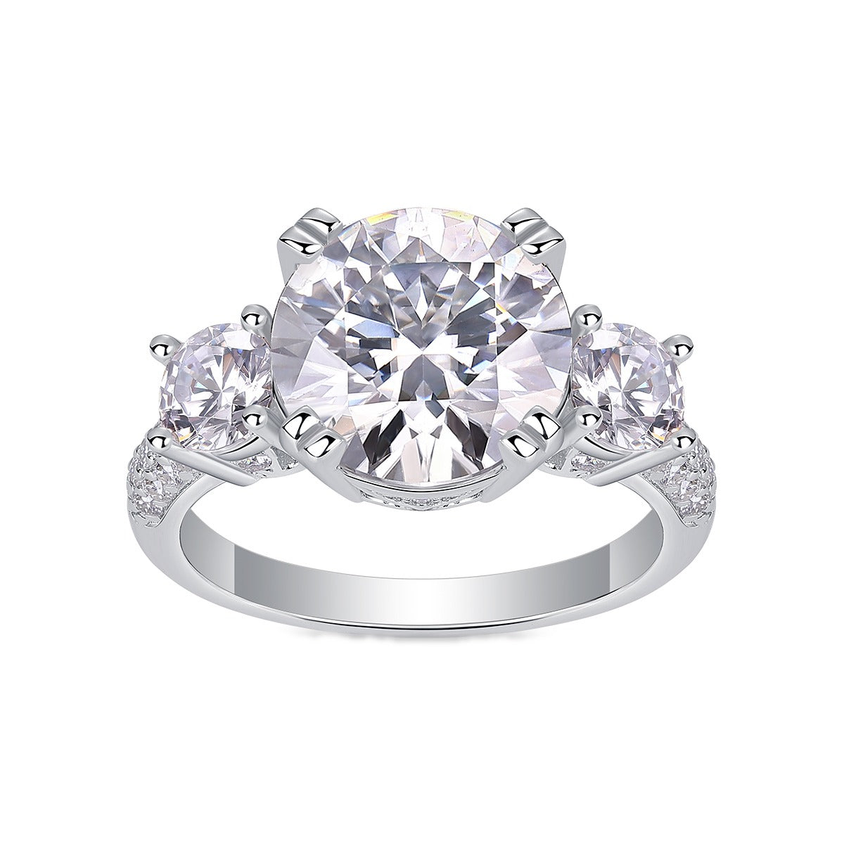 Round Moissanite Three-Stone Ring with Pave Band in 925 Sterling Silver