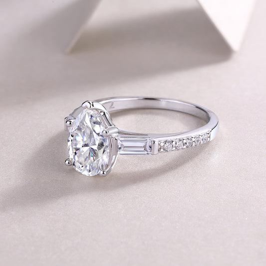 Pear Moissanite Ring with Baguette Side Stones in 925 Sterling Silver