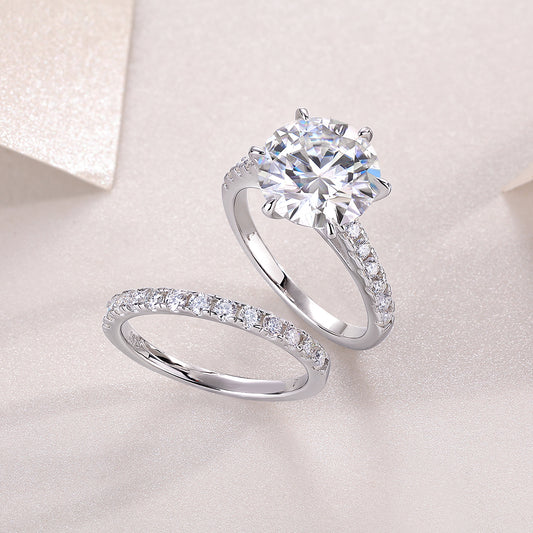 Round Moissanite Six-Prong Bridal Ring Set in 925 Sterling Silver