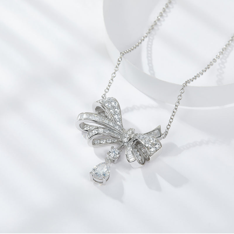 Moissanite Pave Bow Pendant Necklace with Pear Drop in 925 Silver