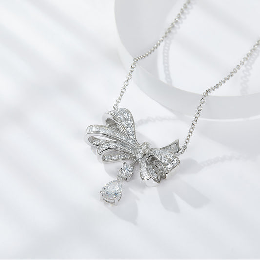 Moissanite Pave Bow Pendant Necklace with Pear Drop in 925 Silver
