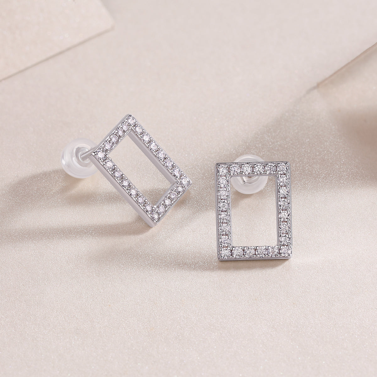 Moissanite Pave Open Rectangle Stud Earrings in 925 Sterling Silver