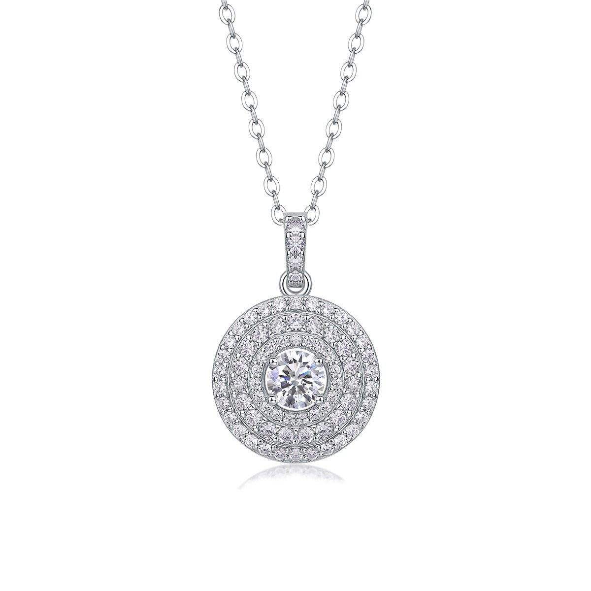 Round Moissanite Double-Halo Disc Pendant Necklace in 925 Silver