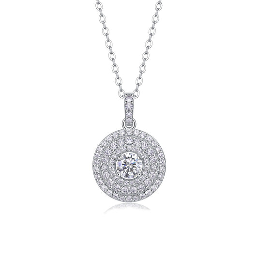 Round Moissanite Double-Halo Disc Pendant Necklace in 925 Silver