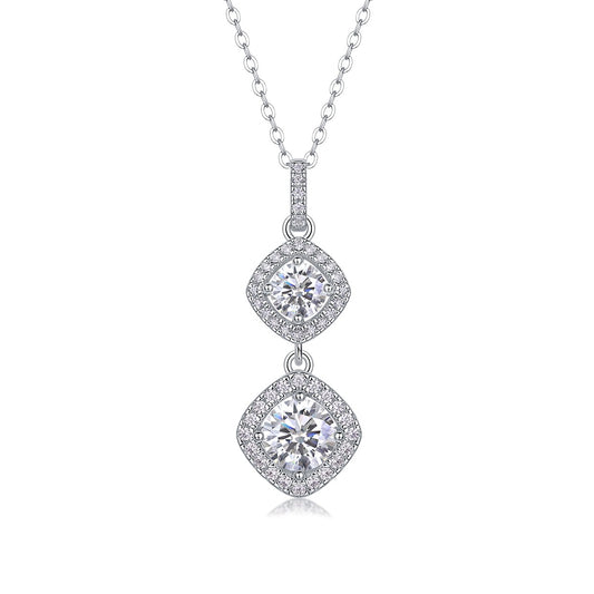 Round Moissanite Double Cushion-Halo Drop Pendant in 925 Silver