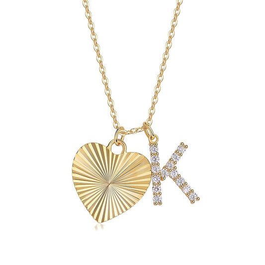 Moissanite Pave Initial and Fluted Heart Necklace in Gold-Plated 925 Silver