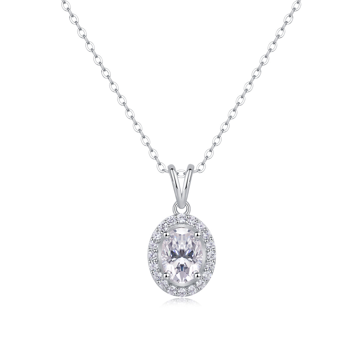 Oval Moissanite Halo Pendant Necklace in 925 Sterling Silver