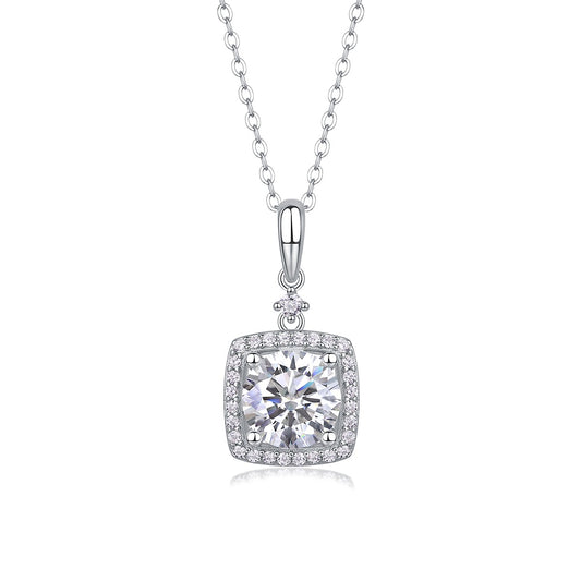 Round Moissanite Square Halo Pendant Necklace in 925 Sterling Silver