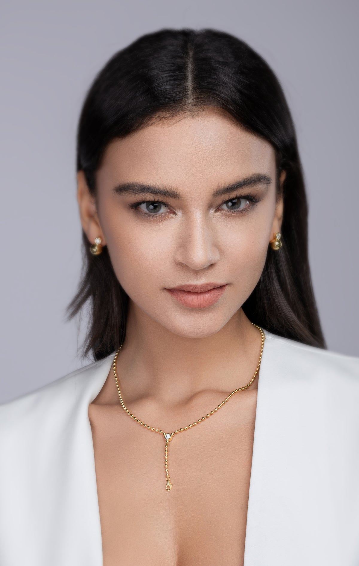 Moissanite Bead-Chain Y Lariat Necklace in Gold-Plated 925 Sterling Silver - worn