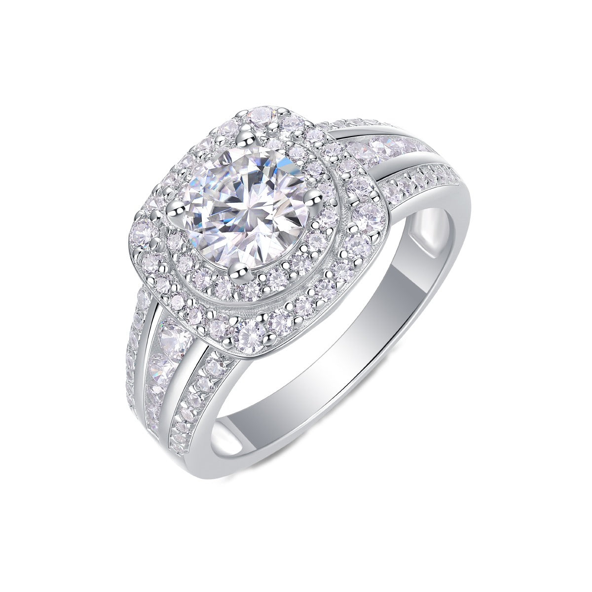 Round Moissanite Double-Halo Split-Shank Ring in 925 Sterling Silver