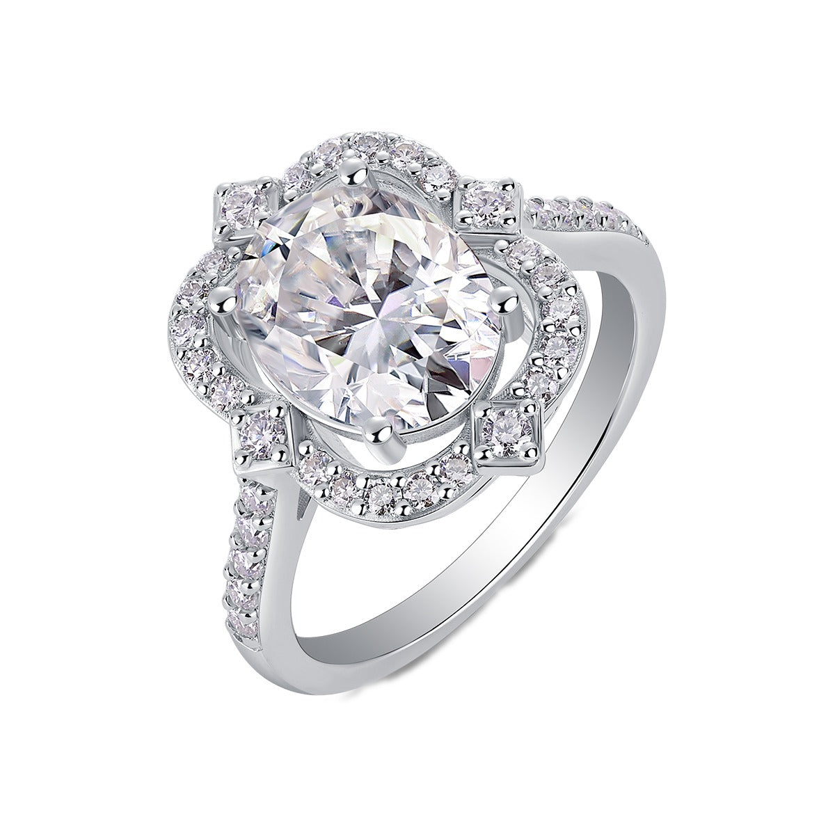 Oval Moissanite Ring with Floral Pave Halo in 925 Sterling Silver
