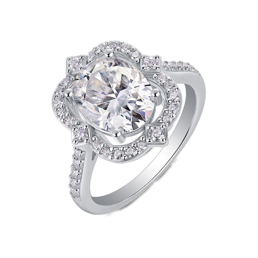 Oval Moissanite Ring with Floral Pave Halo in 925 Sterling Silver