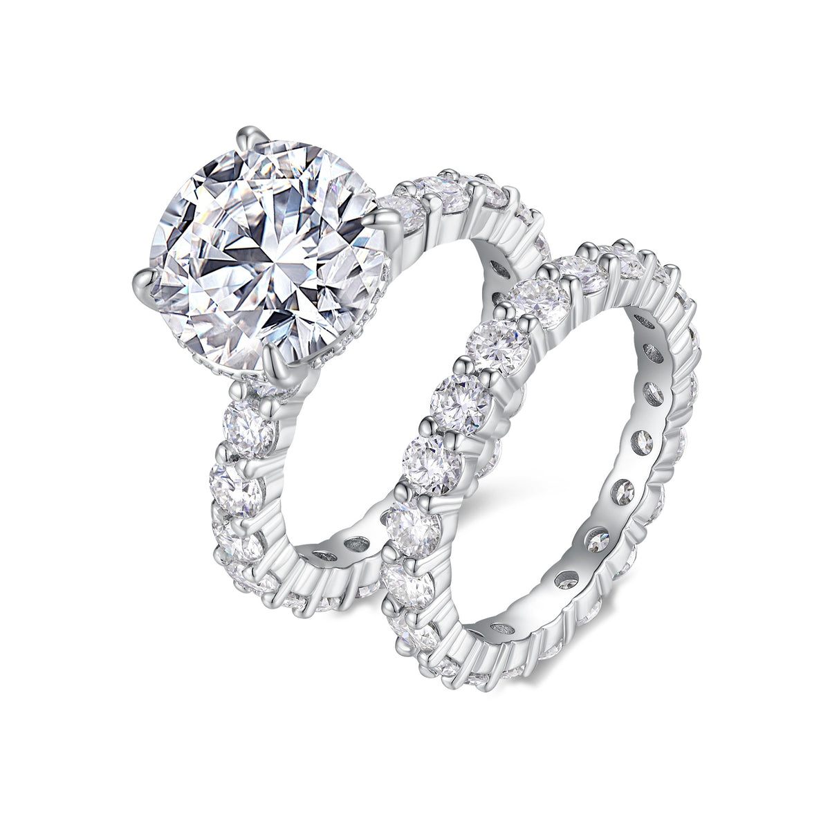 Round Moissanite Engagement Ring and Eternity Band Bridal Set in 925 Silver
