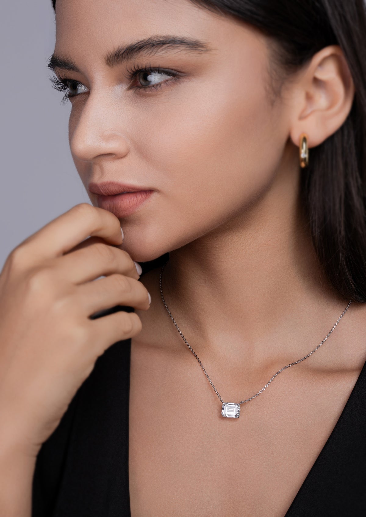 Emerald-Cut Moissanite East-West Solitaire Necklace in 925 Silver - worn