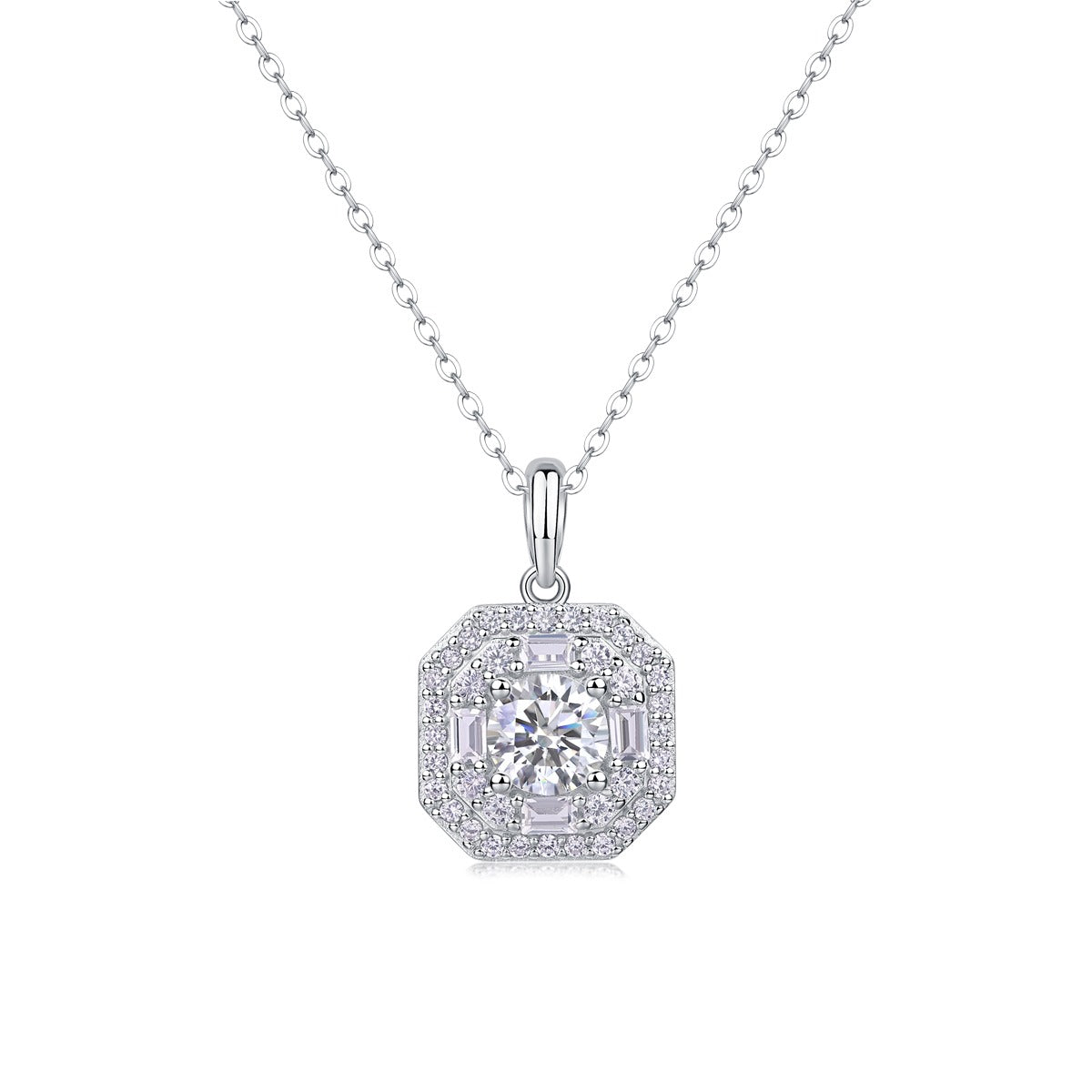 Round Moissanite Octagon Halo Pendant Necklace in 925 Sterling Silver