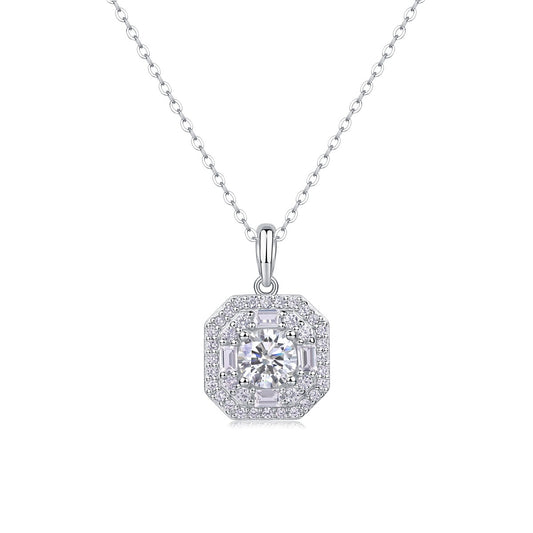 Round Moissanite Octagon Halo Pendant Necklace in 925 Sterling Silver
