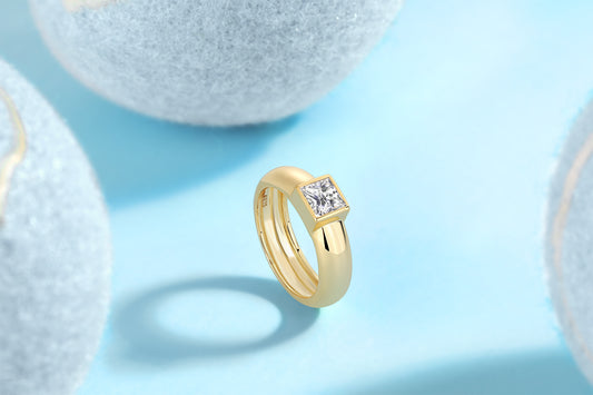Princess-Cut Moissanite Bezel Dome Ring in Gold-Plated 925 Silver