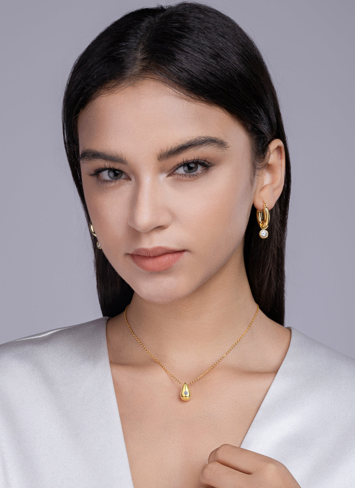Moissanite Accent Polished Teardrop Pendant in Gold-Plated 925 Silver - worn