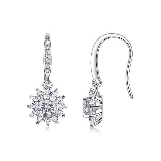 Round Moissanite Sunburst Halo Drop Earrings in 925 Sterling Silver