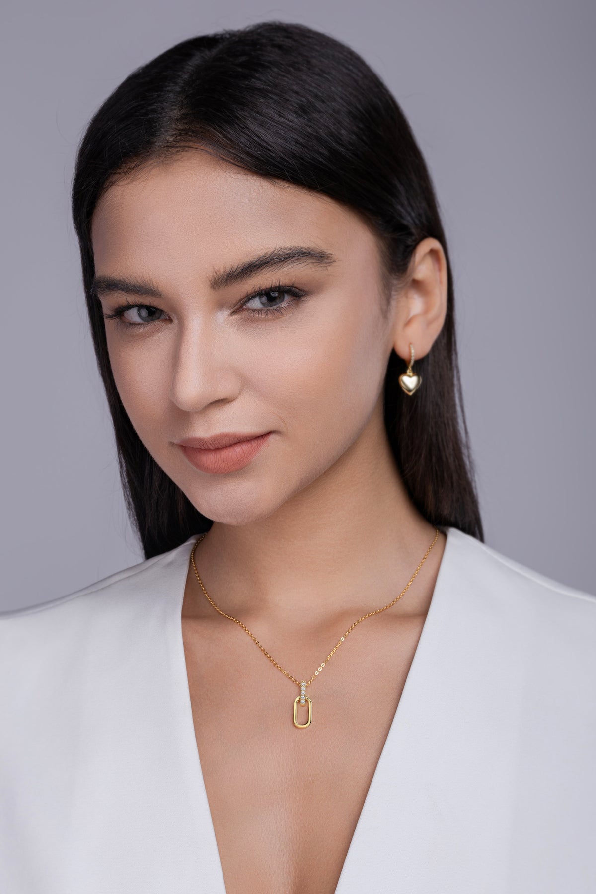 Moissanite Pave Bail Paperclip Link Pendant in Gold-Plated 925 Silver - worn