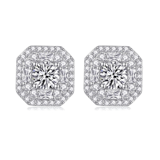 Round Moissanite Octagonal Double-Halo Stud Earrings in 925 Silver