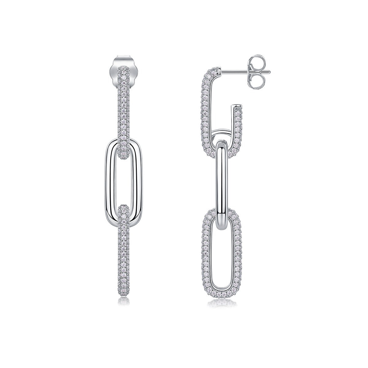 Pave Moissanite Paperclip Link Drop Earrings in 925 Sterling Silver
