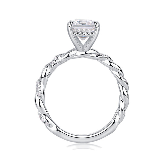 Emerald-Cut Moissanite Solitaire with Twisted Pave Band in 925 Silver