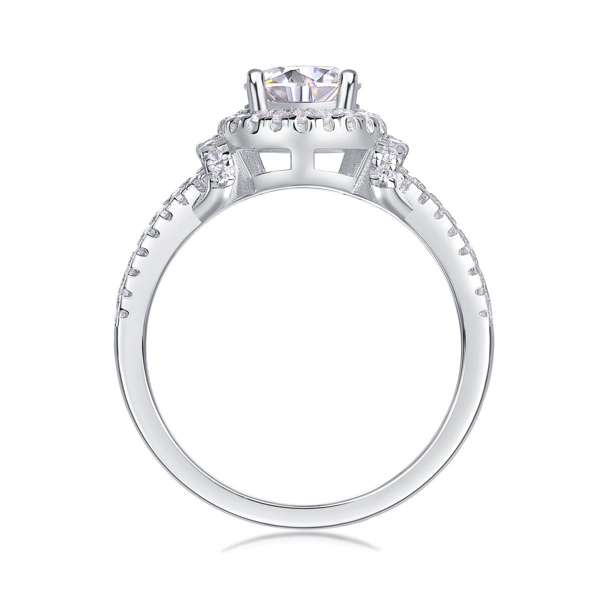 Round Moissanite Halo Ring with Split Pave Shank in 925 Silver