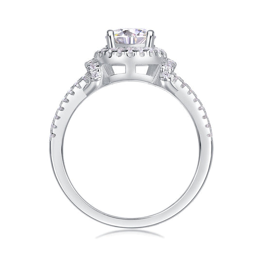 Round Moissanite Halo Ring with Split Pave Shank in 925 Silver