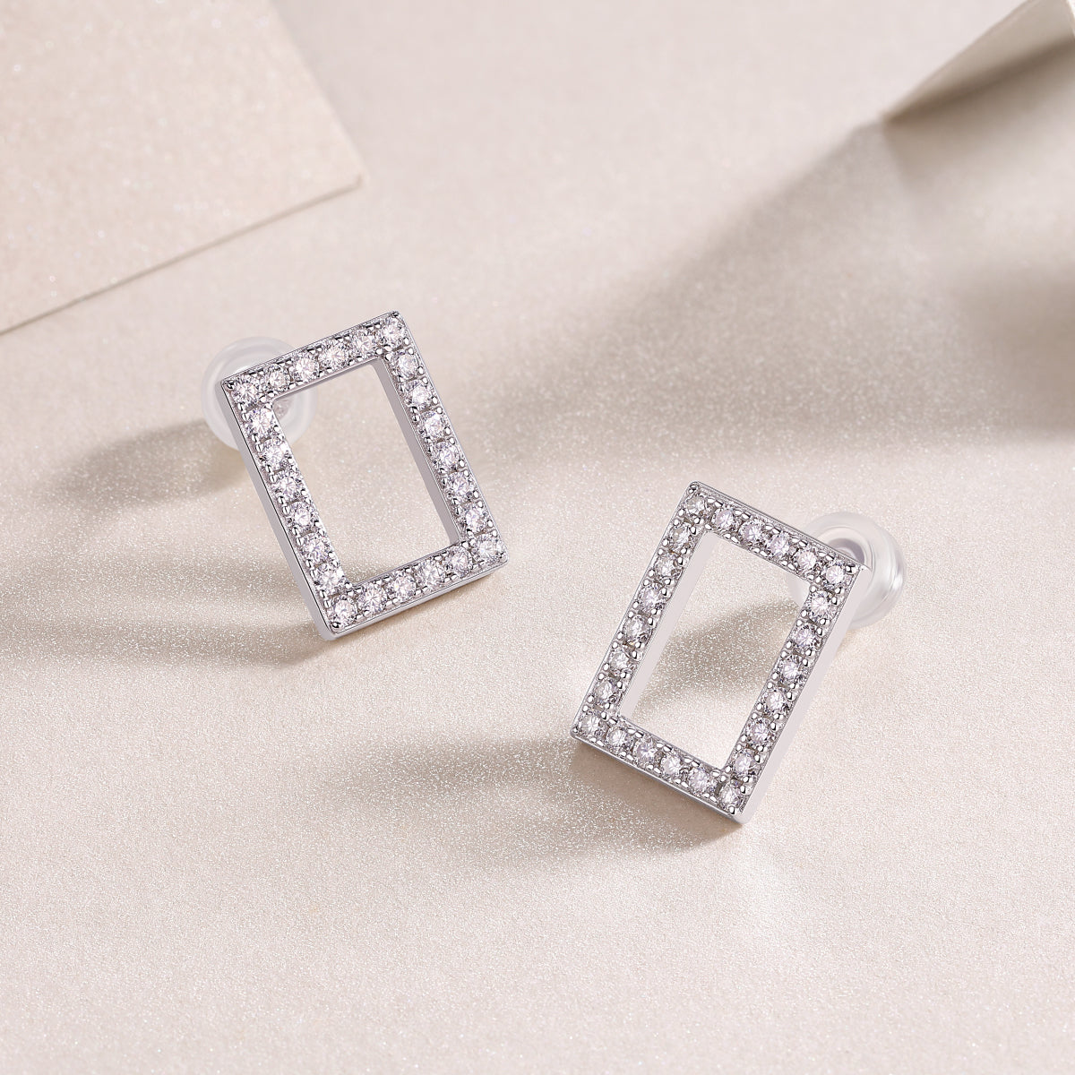 Moissanite Pave Open Rectangle Stud Earrings in 925 Sterling Silver